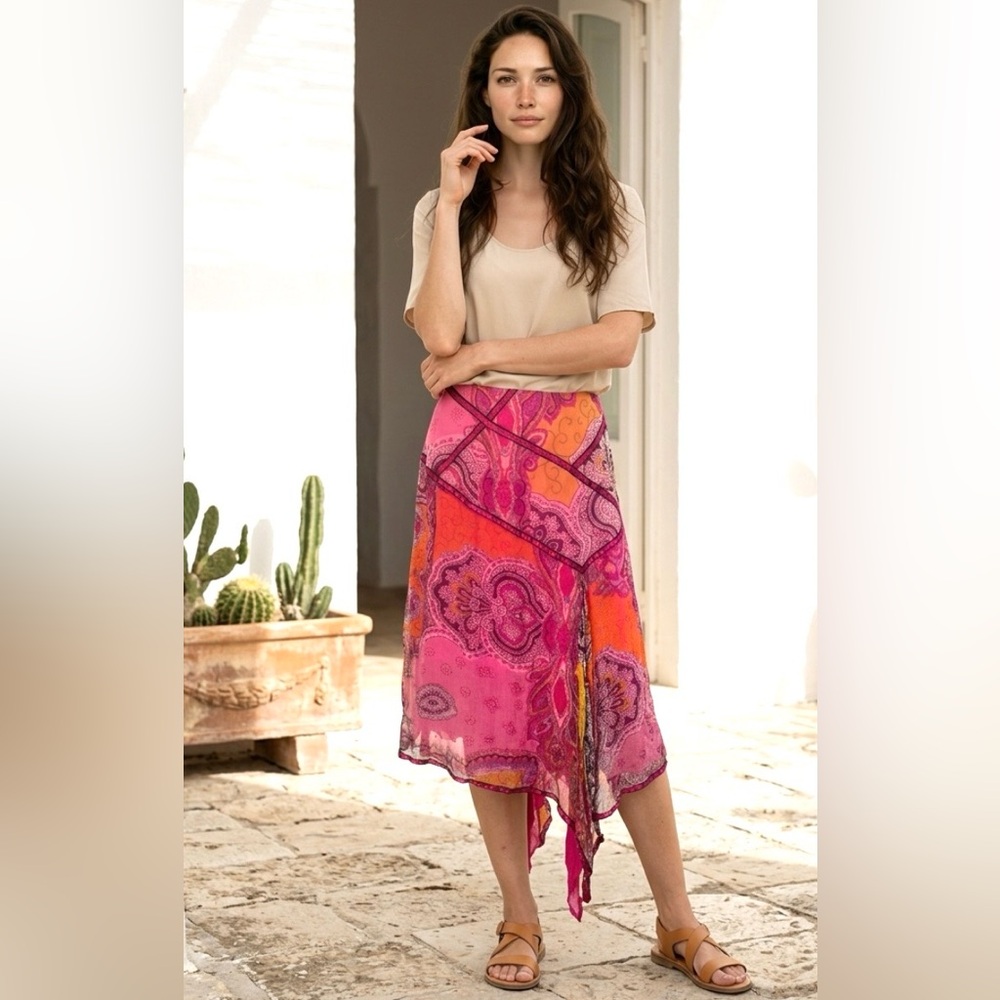 ANAGE TOO Skirt Bohemian Asymmetrical Pink Orange Crepe Ribbon Overlay Knee 10